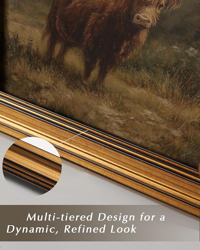HUARCEY Gold Framed Vintage Wall Art for Living Room, Animals Painting Prints Shelf Decor for Kitchen, Aesthetic Bedroom Wall Art, Best Gifts for Friends or Family - Highland Cattle 10L x 8W