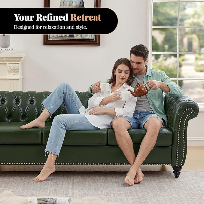 LEVNARY Chesterfield Sofa, 3 Seater Tufted Couch for Living Room, Classic Button Tufted Upholstered Sofa, Modern Mid-Century PU Leather Sofa (Green)