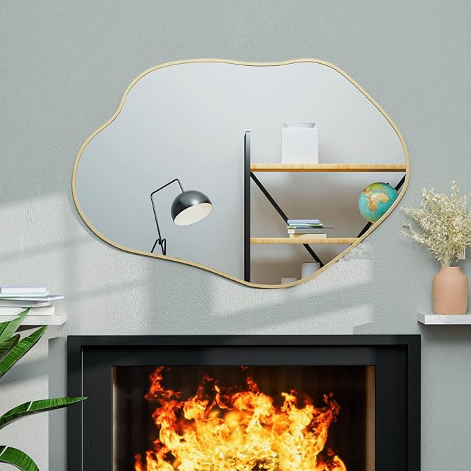 41"x28" Irregular Wall Mirror Cloud Asymmetrical Shaped Gold Aluminum Alloy Framed Mirror for Living Room Bathroom Bedroom Entryway Fireplace