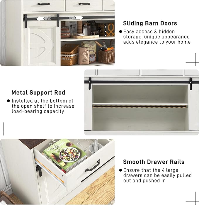 70” Large Buffet Sideboard Cabinet w/4 Drawer,Farmhouse Coffee Bar Cabinet Buffet with Storage,Sliding Door,Long Kitchen Buffet Table,Kitchen Sideboard Storage Cabinet,Credenza for Dining Room,White
