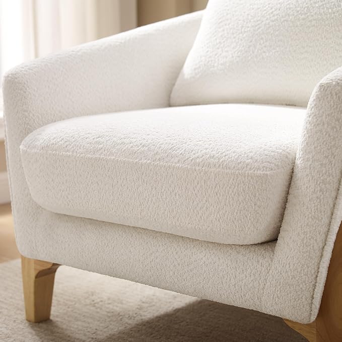 VANOMi Accent Chairs for Living Room, Sherpa Armchair with Cushion, Comfy Chair for Bedroom, Reading, Corner, Apartment, White