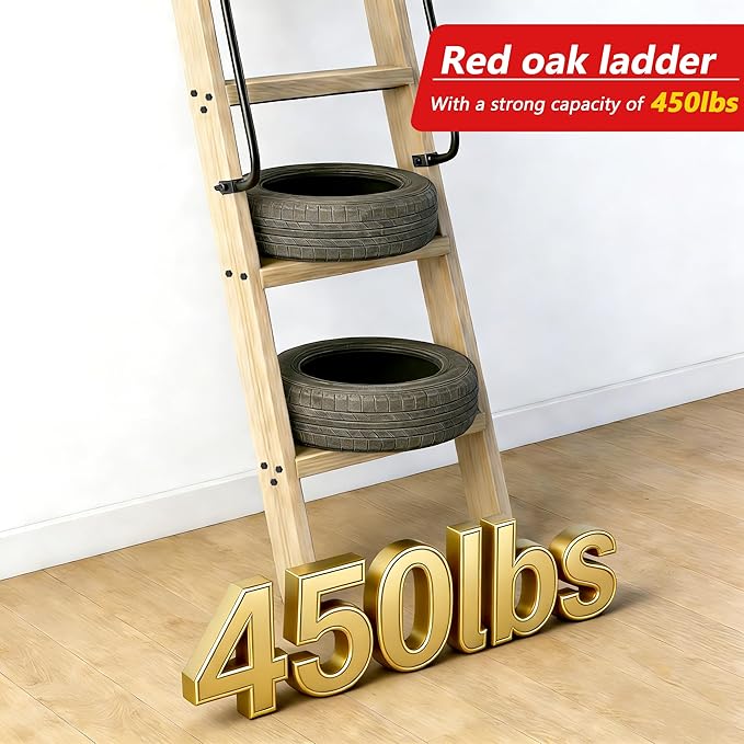 108in Attic Rolling Library Ladder, 9 Step Wooden Ladder with,Loft Ladder Bookshelf,Wall Stairs Red Oak Stair Platform Bunkbed Ladder,for Home Kitchen,Warehouses,Bookstore,DIY Stain