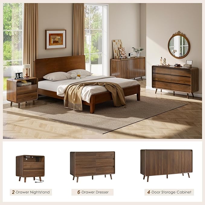 Mid Century Modern Dresser for Bedroom, 47'' Wide Dressers & Chests of Drawers with 6 Storage Drawers, Dark Walnut Dresser Wood TV Stand for Living Room, Closet