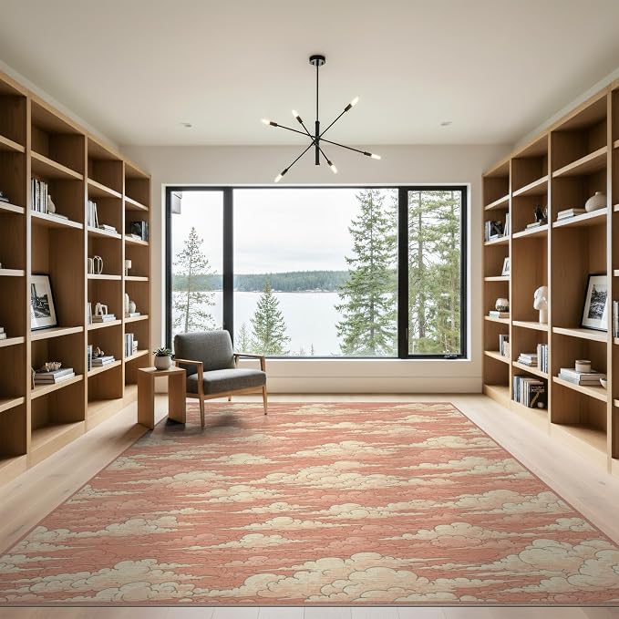 9'x12' Washable Flatwoven Rug, Peach Aesthetic Graphic Stain Resistant Massive Carpet for Dining Room, Basement, Large Office, Non-Slip Chair-Friendly Mat | Ref:2208262