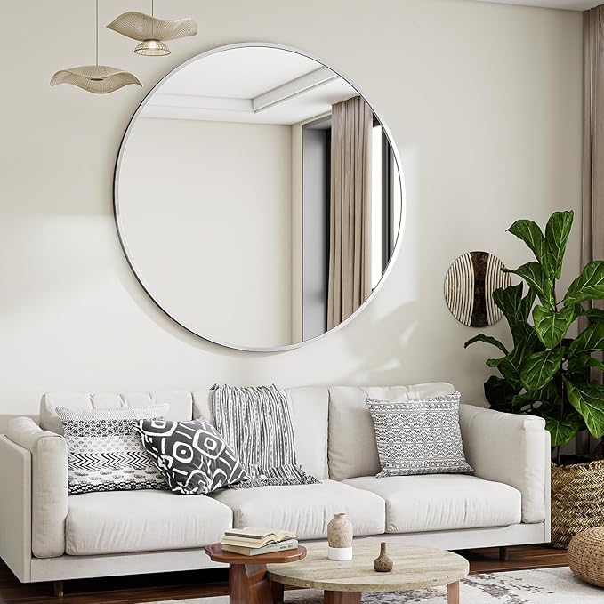 VooBang Large Silver Round Bathroom Mirror, 48 inch Circle Wall Mounted Hanging Mirror with Simple Modern Circular Metal Frame for Hallway, Entryway, Living Room, Silver Frame