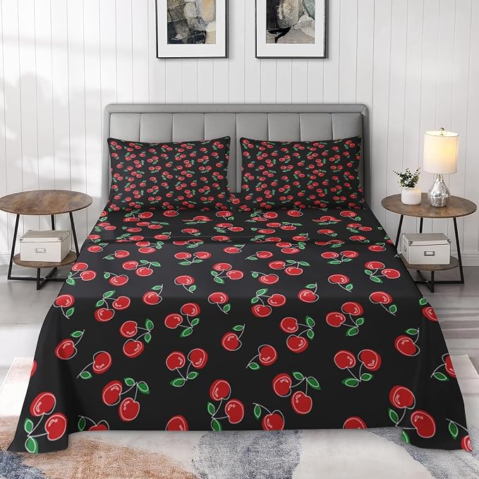 Pamnest Full Size Bed Sheet Sets, Red Black Cherry Fruit Soft Microfiber 4 Pcs Bedding Sets for Kids and Adults Bedroom Bed Decor, Retro Leaf Summer Flat, Fitted Sheet and 2 Pillowcases