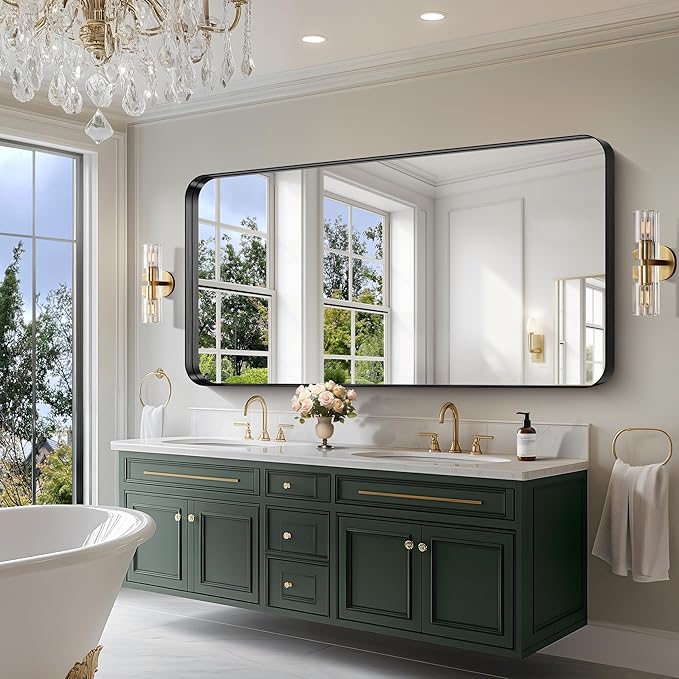 CIRCUMI Black Bathroom Mirror, 36"x72" Rectangular Mirror with Deep Metal Frame, Rounded Corner, Tempered Glass, Large Mirror for Wall, Over 2 Sinks, Installed Vertically/Horizontally, Crystal-Clear