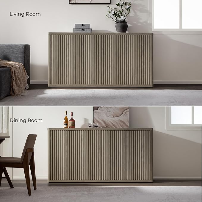 SICOTAS Buffet Cabinet with Storage Accent Sideboard with 4 Doors 66.3" Wide Fluted Credenza Modern Buffet Table Media Console Cabinet Entryway Cabinets for Living Room Kitchen Dining Room Hallway