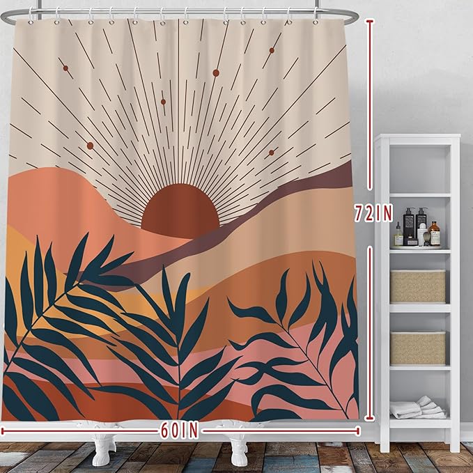 Baocicoo Boho Abstract Sun Shower Curtain - Mid Century Sunrise Mountain Design, Minimalist Aesthetic, Waterproof with Hooks, 60x72 Inches