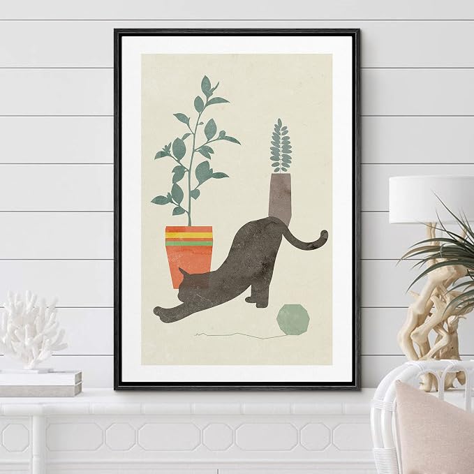 Woodrose Framed Canvas Print Wall Art Retro Black House Cat with Plants Animals Shapes Illustrations Modern Minimalist Chic Relax/Calm Multicolor for Living Room, Bedroom, Office - 16"x24" Black
