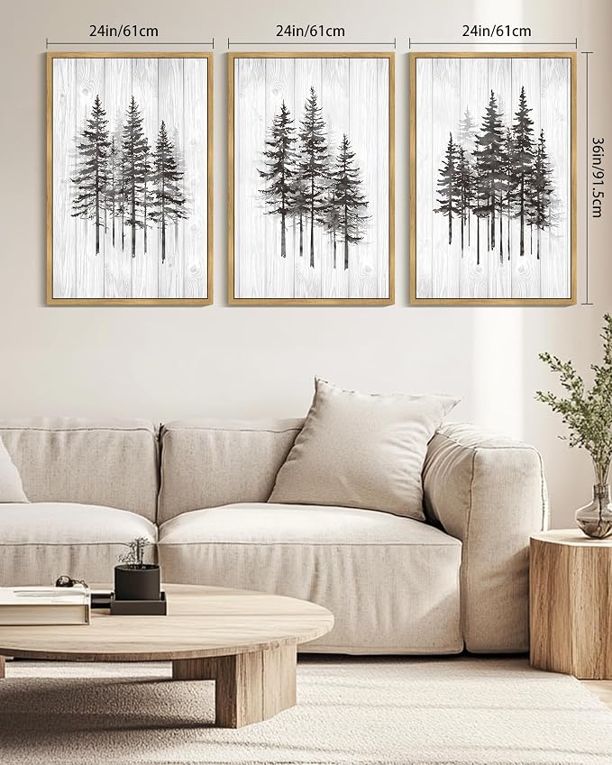 KUVIOKE Woodcut Pine Tree Framed Wall Art Nature Abstract Forest Wall Decor Rustic Minimalist Painting for Bedroom Dining Room 24x36in (Natural Framed)