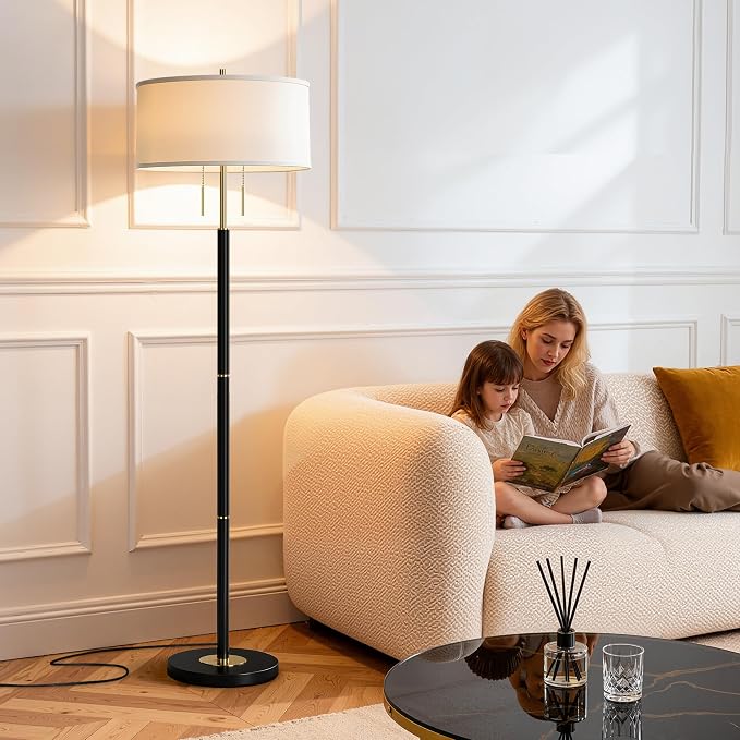 2-Light Mid Century Modern Floor Lamp, Standing Lamp with Fabric Shade and Pull Chain Switch, Tall Floor Lamp for Living Room, Bedroom,Office Corner (Black, 2X 3CCT Bulb Included)
