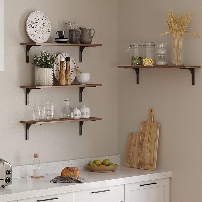 DINZI LVJ Long Wall Shelves, 31.5 Inch Wall Mounted Shelves Set of 2, Easy-to-Install, Wall Storage Ledges with Sturdy Metal Brackets for Living Room, Bathroom, Bedroom, Kitchen, Rustic Brown | Easy-to-Install