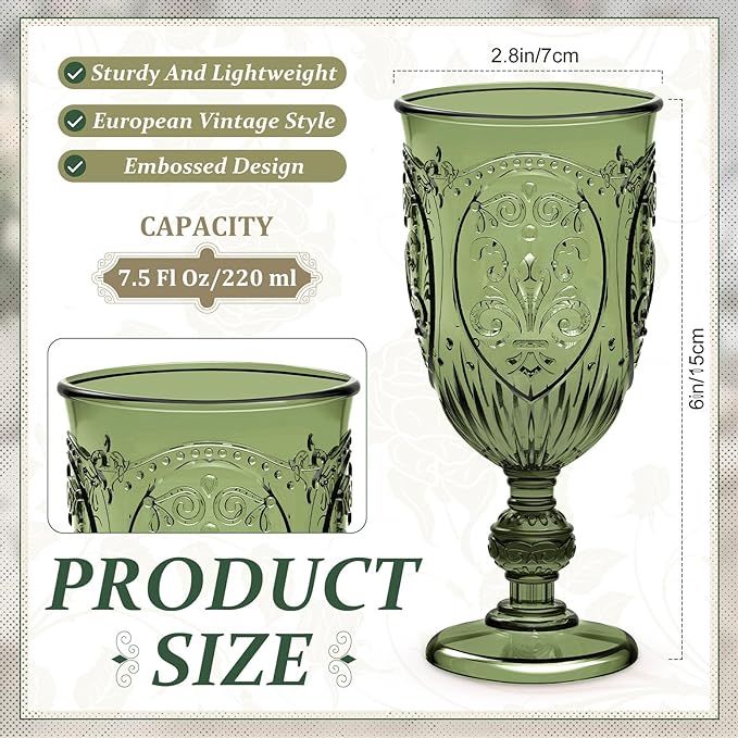 24 Pcs Plastic Goblets 7.5oz Vintage Goblet Plastic Wine Glasses Colored Retro Embossed Water Goblets for Wine Bar Juice Baby Shower Wedding Reception Grand Event Party (Olive Green)