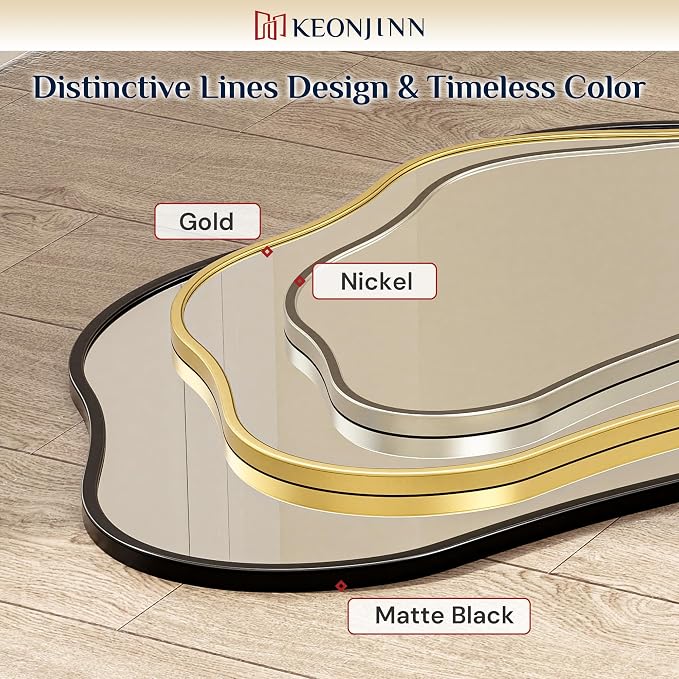 Keonjinn Black Irregular Mirrors for Wall 48" x 24" Inch, Asymmetrical Metal Frame, Tempered Glass Decorative Mirror for Bathroom, Bedroom, Living Room, Entryway(Horizontal/Vertical)
