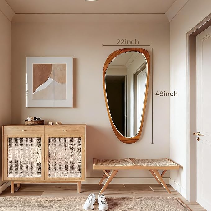 Asymmetrical Mirror, 48"x22" Irregular Mirror Full Length, Wood Wall Mirror for Bathroom Bedroom Living Room Entryway Hallway, Mid Century Modern Decor (Natural Wood)