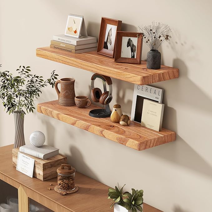Fun Memories 30 Inch Floating Shelves, Rustic Solid Wood Wall Shelves Set of 2, 8 Inch Deep Floating Shelf for Bathroom, Bedroom, Heavy-Duty Wooden Shelf Wall-Mounted for Home Decor & Storage