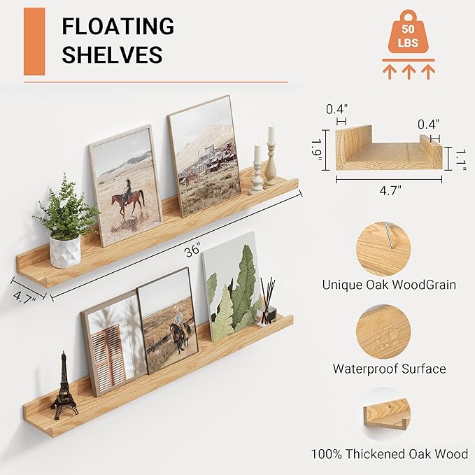 Vivelove Oak Floating Shelves Wall Mounted Set of 2, Rustic Large Wall Shelves for Storage with Lip, Display Picture Ledge with Lip for Storage, Bedroom, Living Room, Bathroom,Nursery Display