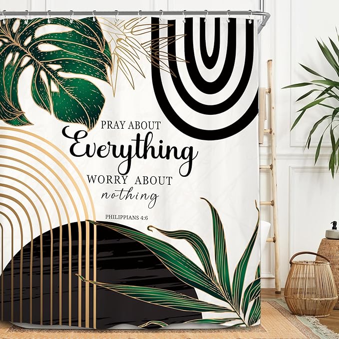 Miyotaa Abstract Minimalist Bible Shower Curtain Set 60Wx71H Inches Emerald Green Aesthetic Modern Quotes Inspirational Motivational Plant Leaves Waterproof Bathroom Curtain with 12 Hooks