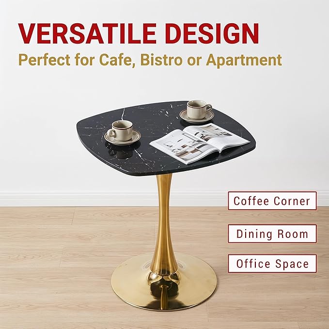 24 Inch Square Tulip Bistro Table for 2-4, Small Dining Table with Gold Metal Pedestal Base, Black Faux Marble Top Kitchen Table, Modern Square Cafe Table for Apartment Living Room Office Small Space