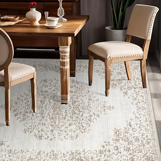 Area Rug 5x7 Vintage Rug: Washable Indoor Medallion Rugs Low Pile Distressed Floor Carpet Retro Accent Rug for Living Room Bedroom Kitchen Dining Table Home Office(Vintage Beige, 5'x7')
