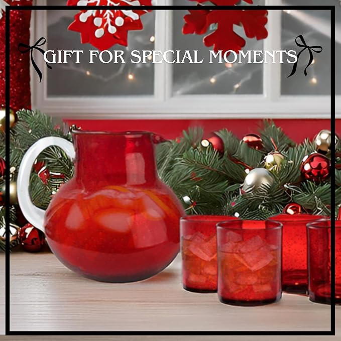 ARTLAND Iris 90oz Hand Blown Pitcher & Double Old Fashion 14oz Glasses (Set of 4) - Lead-Free Bubble Shape Glassware for Stylish Serving and Dining - Kitchen Essential & Table Decor (Ruby)