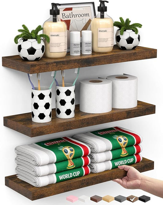 BAYKA Bathroom Floating Shelves for Wall Set of 3 - Rustic Brown Farmhouse Wood Shelves Over Toilet for Bedroom, Kitchen, or Living Room Decor Display, Storage for Plants, Toilet Paper or Bath Towels
