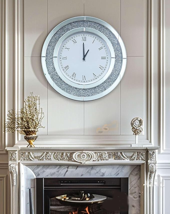 Crushed Diamond Wall Clock Round Decorative Mirrored Clock 24 inch Silver