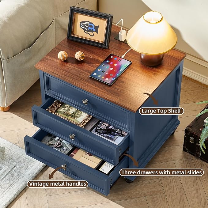 Farmhouse Nightstand Set of 2 with Charging Station, 24" Wide End Table with 3 Drawers,Dresser for Bedroom,Bed Side Table Chest of Drawers Cabinet,Wood Blue Night Stand for Living Room