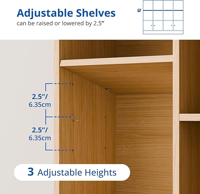 Cozy Castle Oak Wood Bookcase, 12 Cube Display Shelf with 4 Doors, 3 Tier Open Bookshelf with Adjustable Shelves for Living Room, Home Office, Entryway