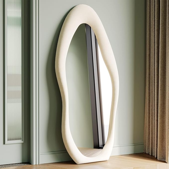 Honyee Full Length Mirror, 63" x 24" Wall Mirror, Flannel Wrapped Wooden Frame Full Body Mirror, Irregular Wavy Mirror Hanging or Leaning Against Wall for Cloakroom/Bedroom/Living Room, Ivory White