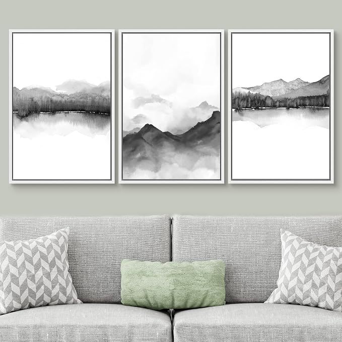 SIGNWIN Framed Canvas Print Wall Art Trio of Watercolor Mountain Ranges in Mist Abstract Wilderness Illustrations Art Minimalist Black & White for Living Room, Bedroom, Office - 16"x24"x3 White