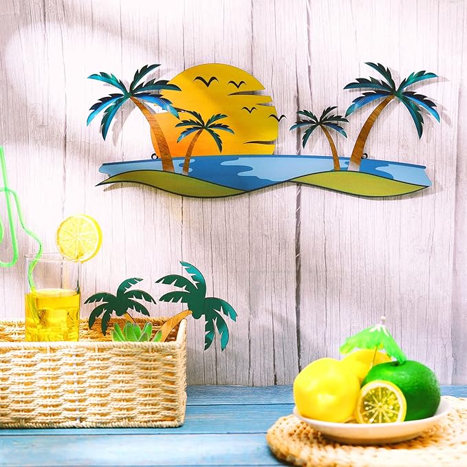 Shimeyao Coastal Metal Wall Art Palm Tree Metal Wall Art Outdoor Beach Bathroom Decor Tropical Tree Sculptures for Indoor Outdoor Decor(Sunset)