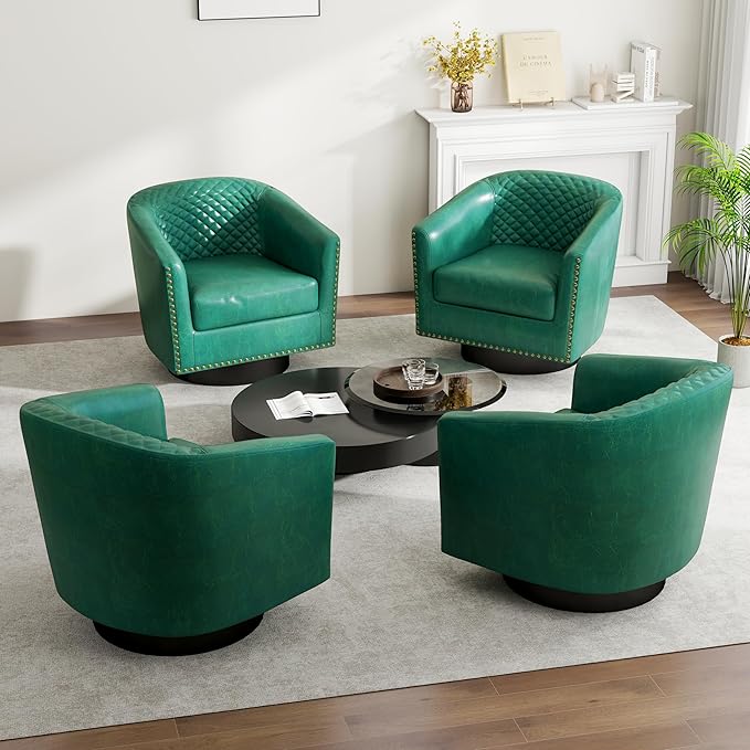 Swivel Barrel Accent Chair, Comfy Modern Upholstered Round Faux Leather Arm Chair for Living Room, Bedroom（Green, Set of 1