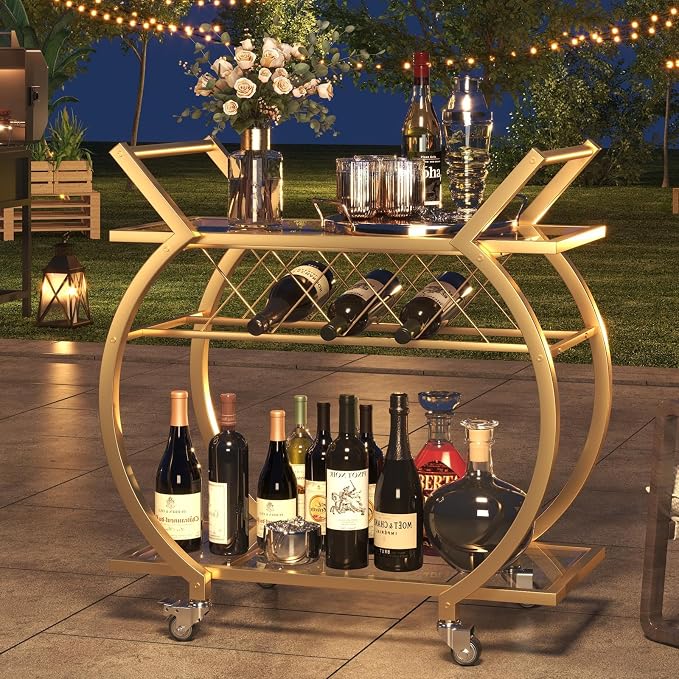 LVB Gold Bar Cart with Glass, Bar Cart with Wheels, Wine Cart with 2 Tier Storage Glass Shelves Home Bar Serving Cart with Wine Rack, Liquor Cart for Kitchen, Bar, Dinning Room