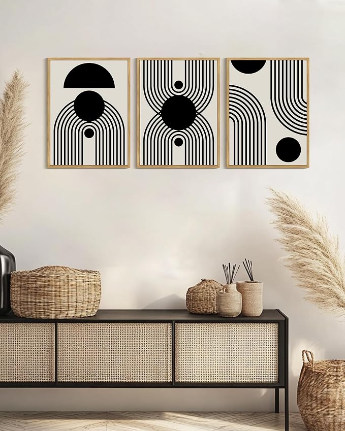 Drsoum Black Abstract Boho Wall Art Framed Modern Bohemian Wall Decor Geometry Lines Prints Ready to Hang 12x16in Natural Framed
