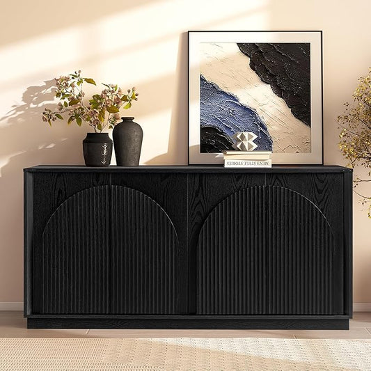 65" Sideboard Buffet Cabinet with Storage, Modern Fluted Accent Credenza with Adjustable Shelves, Wood Media TV Console Coffee Bar Table for Dining Room, Kitchen and Living Room, Black
