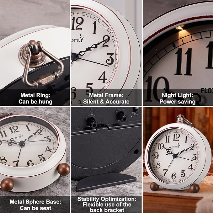 FLOITTUY 4.5" Battery Operated Antique Retro Analog Metal Alarm Clock, Silent Bedside Desk Clock, Wall-Hanging Vintage Clock(Vintage White)