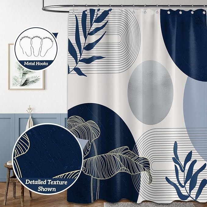 Navy Blue and White Shower Curtain Mid Century Modern Dark Blue Boho Shower Curtains for Bathroom Decor MCM Mens Cool Bath Curtain Set, Waterproof Fabric with Hooks 60 x 72 Inch