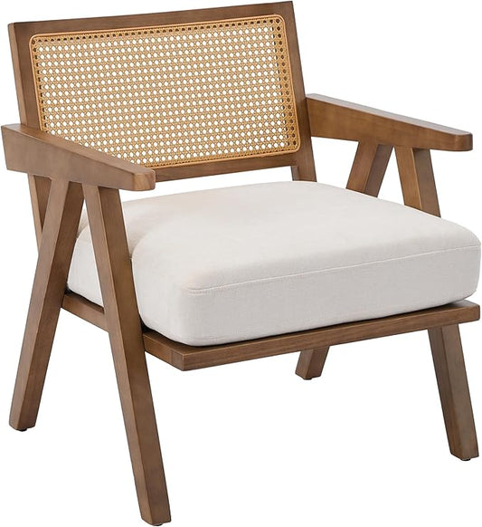 Accent Chair Mid Century Modern, Comfy Living Room Chairs with Sturdy Wood Legs, Rattan Backrest & Beige Thick Linen Cushion, Armchair for Bedroom Balcony Apartment, Beige