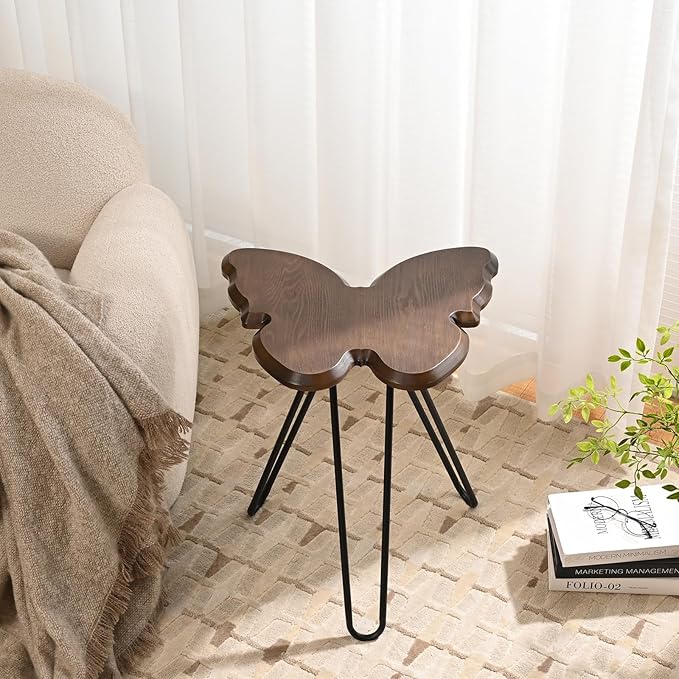 Butterfly Accent Side Table Set of 2, Walnut Brown MDF Wood Top & Black Hairpin Legs, Small Modern End Table，21.75" Tall for Living Room, Bedroom or Small Spaces