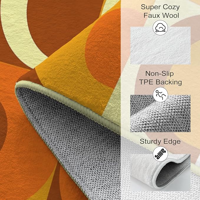 Ansouyi Orange and Yellow Non-Slip 5x7 ft Area Rugs, Washable Rug Carpet for Living Room, 70s Abstract Retro Circles Geometric Home Decor Rugs for Game Room Classroom Bedroom Dining Kindergarten Room