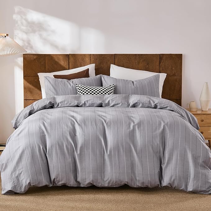 Merryword 100% Cotton Stripe Duvet Cover Set Queen Size - Gray Striped Duvet Cover Set with Zipper Closure & 8 Corner Ties, Modern Minimalist Wide Stripe Bedding Set for Cozy Elegant Bedroom
