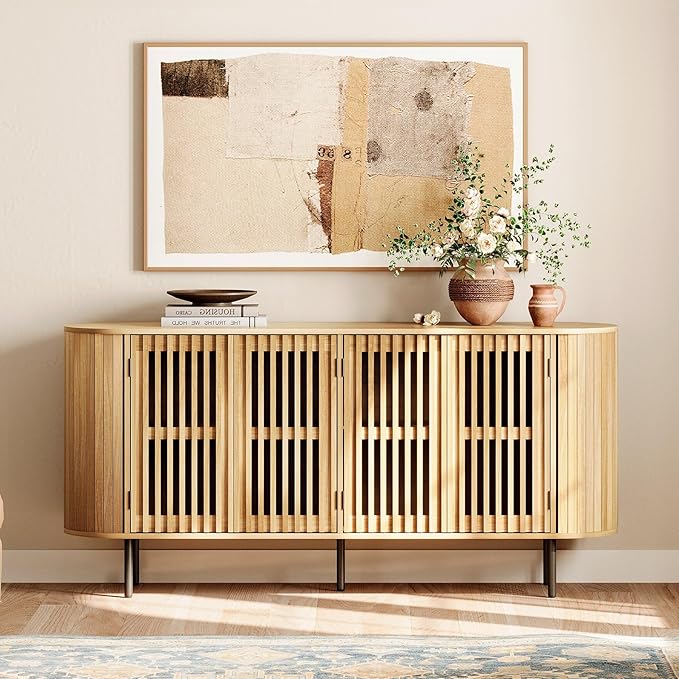 WAMPAT Sideboard Buffet Cabinet with 4 Fluted Doors,64" Wood Accent Storage Cabinet with Curved Design,Mid-Centery Modern Credenza for Dining Room,Kitchen,Hallway,Oak