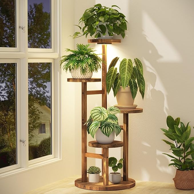 iDavosic.ly 4 Tier Plant Stand Indoor with Grow Light, Tiered Corner Wood Multiple Flower Holder Shelf, Tall Orchid Display Rack for Living Room Bedroom, Brown