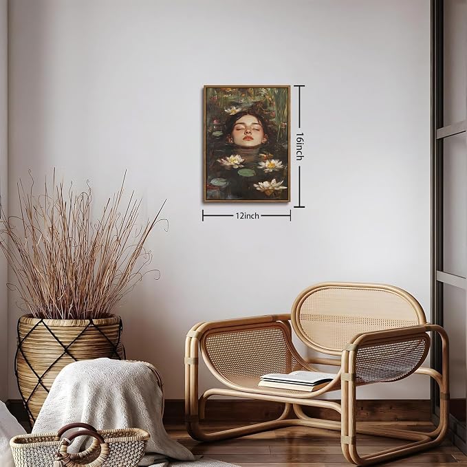 WALLZK Vintage Framed Wall Art Lotus Pool Canvas Prints Woman Portrait Artistic Painting Decor Artwork for Walls Living Room Bedroom Bathroom 12"x16"