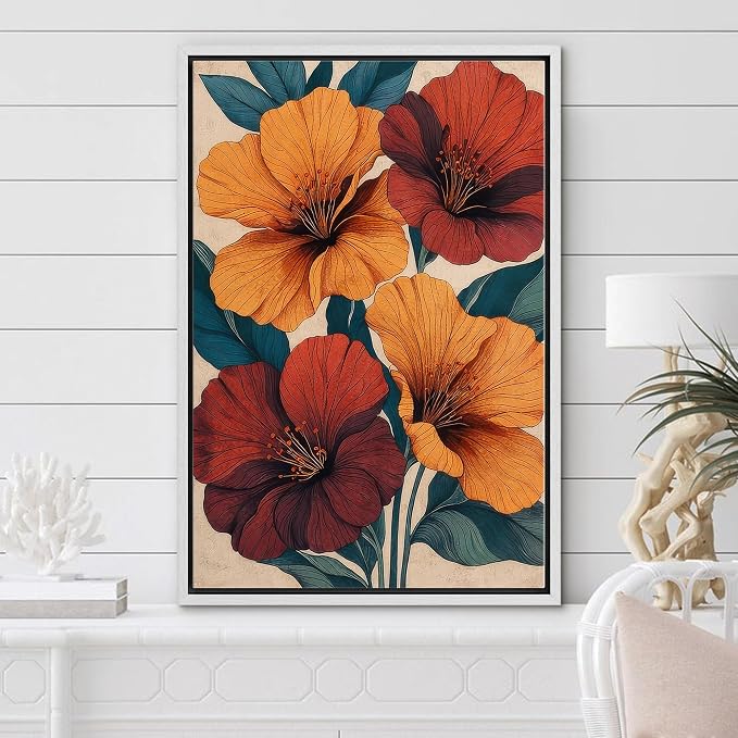 Woodrose Framed Canvas Print Wall Art Vibrant Hibiscus Floral Botanical Illustrations Modern Art Minimalist 3D Colorful Ultra for Living Room, Bedroom, Office - 16"x24" WHITE