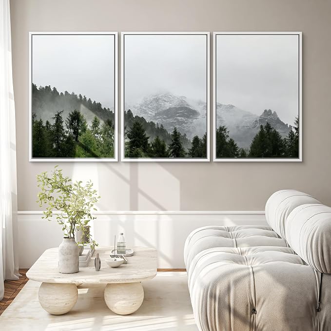 SIGNWIN 3 Piece Framed Canvas Wall Art Foggy Mountains Canvas Prints Home Artwork Decoration for Living Room,Bedroom - 24"x36"x3 White