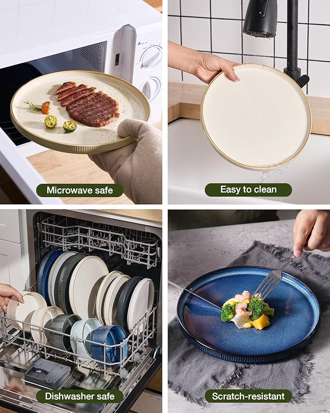 Famiware Star Dinnerware Set with Mugs, Service for 6 (24 Pieces), Ribbed Stoneware Plates and Bowls Dishes Sets with Trim - Chip & Scratch Resistant, Microwave & Dishwasher Safe, White