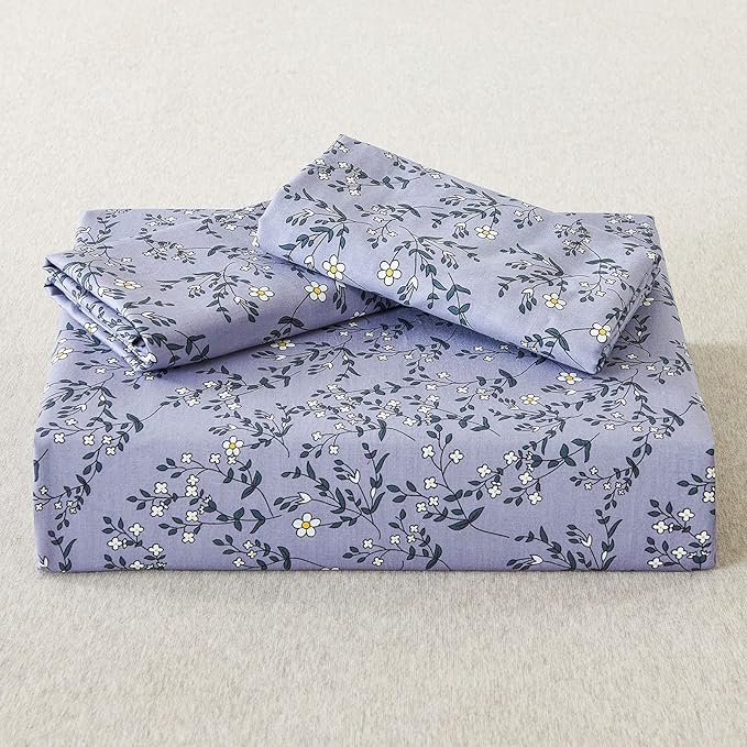 HoneiLife Queen Size Duvet Cover - Cotton Comforter Sets, Floral with Zipper Closure & Corner Ties, Pale Purple, Soft & Breathable - Lavender Grey, 3Pcs